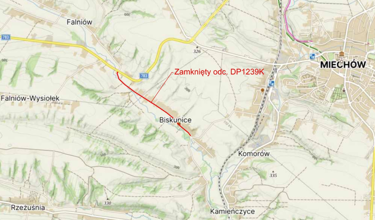 mapa przedstawiający zamknięty odcinek drogi powiatowej w miejscowości Biskupice w km 0+000 do km 1+600